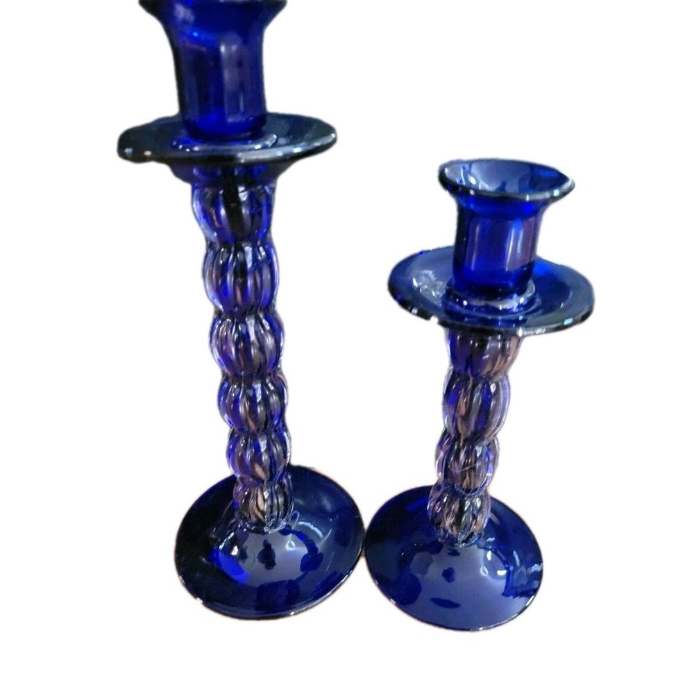 Vintage MCM Blue Hand Blown Set Of Art Glass Candlesticks With Gold Swirl 10"8"